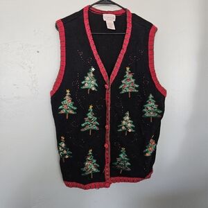 Basic Editions Vintage Women's 2X Black Christmas Tree Sweater Vest Green Red